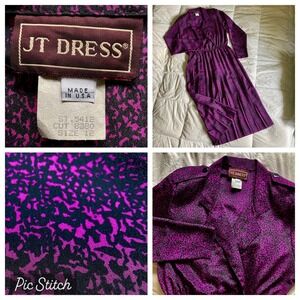 Vintage 1980s JT Dress Pleated Purple Calico PolyChiffon Made in USA Size12